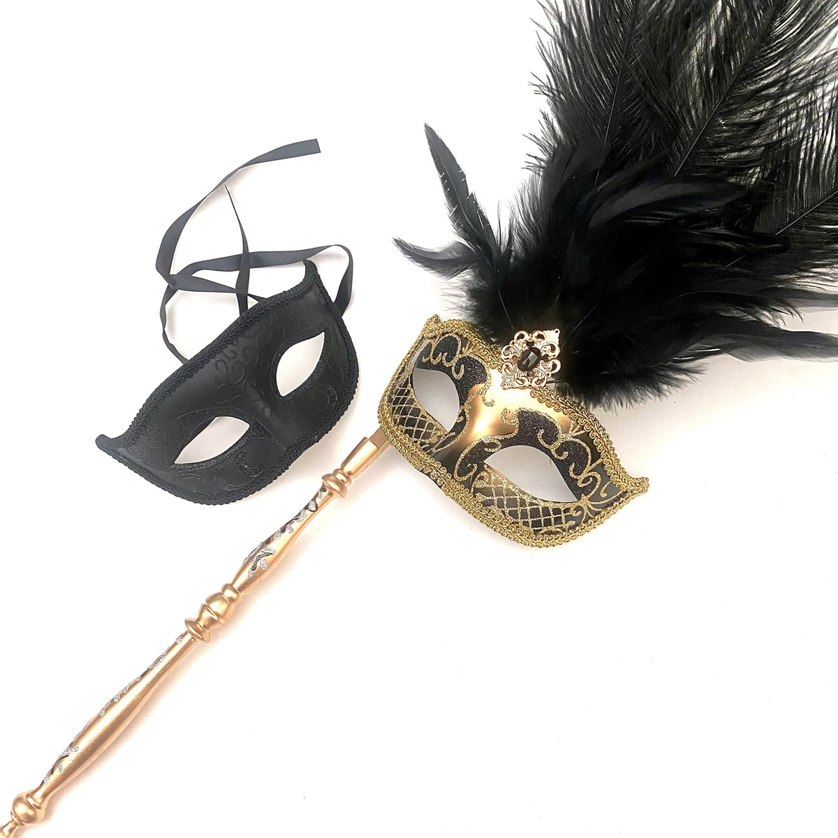 MASQ Couples Black Masquerade Stick Feather Mask Pair Cosplay Dance Prom Birthday Mardi Gras Party