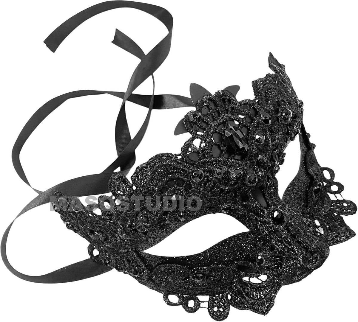 Black lace masquerade mask close-up with ribbon ties and rhinestone details