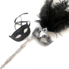 Couples Black Masquerade Stick Feather Mask Pair Cosplay Dance Prom Birthday Party