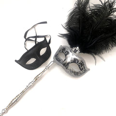 MASQ Couples Black Masquerade Stick Feather Mask Pair Cosplay Dance Prom Birthday Mardi Gras Party