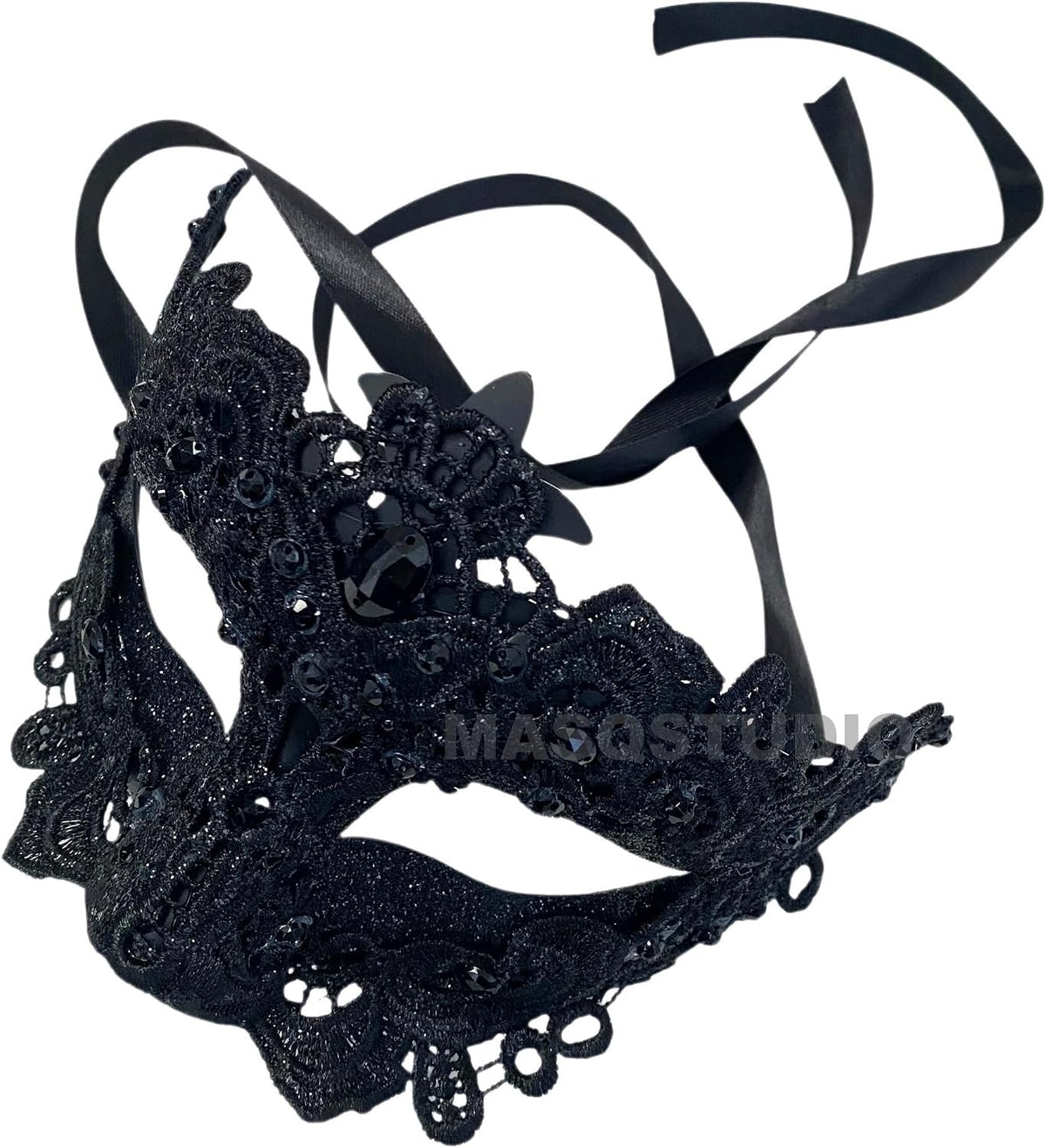 Black brocade lace masquerade mask with ribbon ties and embellished details
