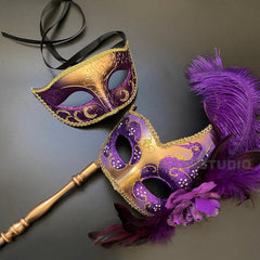 MASQ Masquerade ball stick mask Pair Detachable Handle Ostrich Feather Christmas New Year Mardi Gras Carnival Party