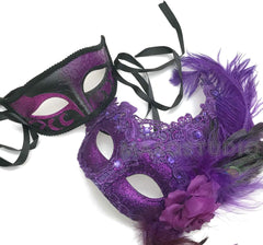 Couples Purple Masquerade Lace Mask Feather Birthday Mardi Gras Carnival Party