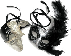 Couple Black Silver Masquerade Ball Phantom Feather Mask Pair Christmas New Year Party