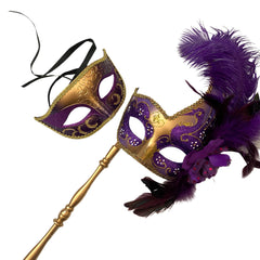 MASQ Masquerade ball stick mask Pair Detachable Handle Ostrich Feather Christmas New Year Mardi Gras Carnival Party
