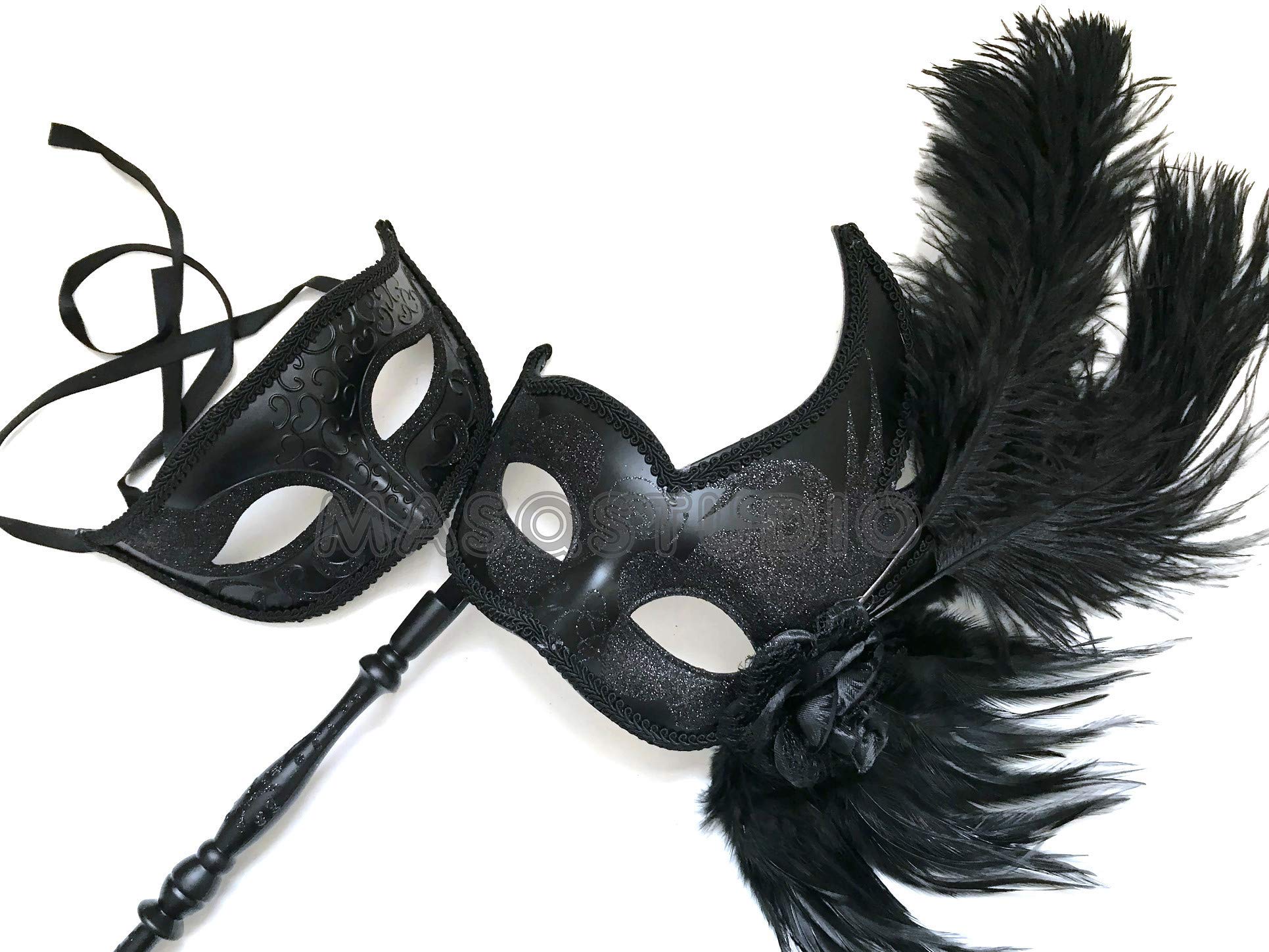 MASQ Masquerade ball stick mask Pair Detachable Handle Ostrich Feather Christmas New Year Mardi Gras Carnival Party