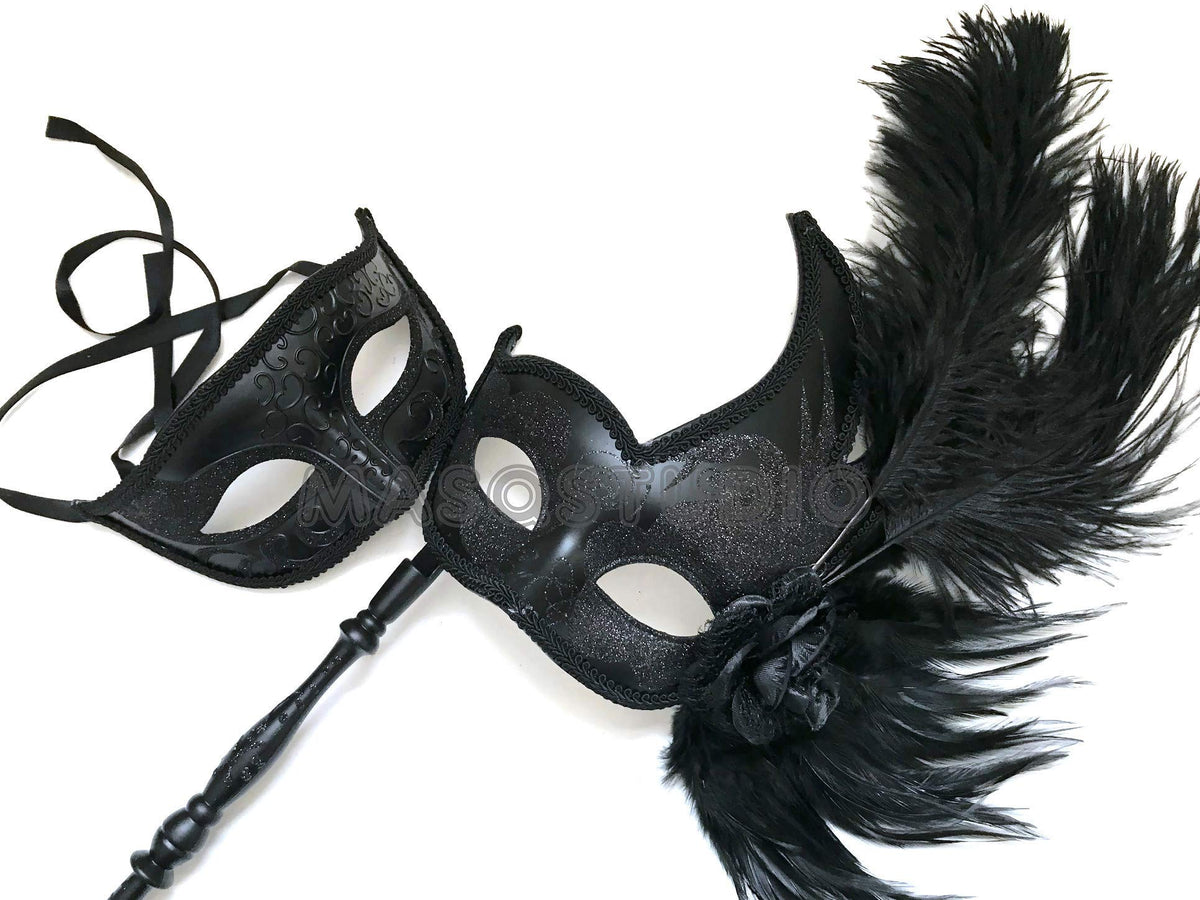 MASQ Masquerade ball stick mask Pair Detachable Handle Ostrich Feather Christmas New Year Mardi Gras Carnival Party