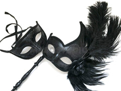 MASQ Masquerade ball stick mask Pair Detachable Handle Ostrich Feather Christmas New Year Mardi Gras Carnival Party