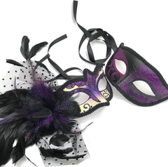 Couples Purple Masquerade Ball Mask Pair Feather Mardi Gras Party Valentines Gift for Her