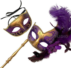 MASQ Masquerade ball stick mask Pair Detachable Handle Ostrich Feather Christmas New Year Mardi Gras Carnival Party