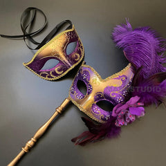 MASQ Masquerade ball stick mask Pair Detachable Handle Ostrich Feather Christmas New Year Mardi Gras Carnival Party