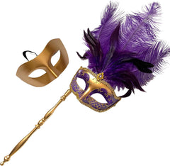 MASQ Couples Black Masquerade Stick Feather Mask Pair Cosplay Dance Prom Birthday Mardi Gras Party