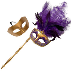 MASQ Couples Black Masquerade Stick Feather Mask Pair Cosplay Dance Prom Birthday Mardi Gras Party