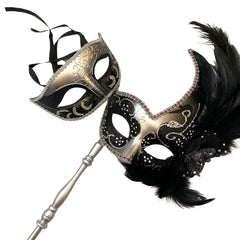 MASQ Masquerade ball stick mask Pair Detachable Handle Ostrich Feather Christmas New Year Mardi Gras Carnival Party