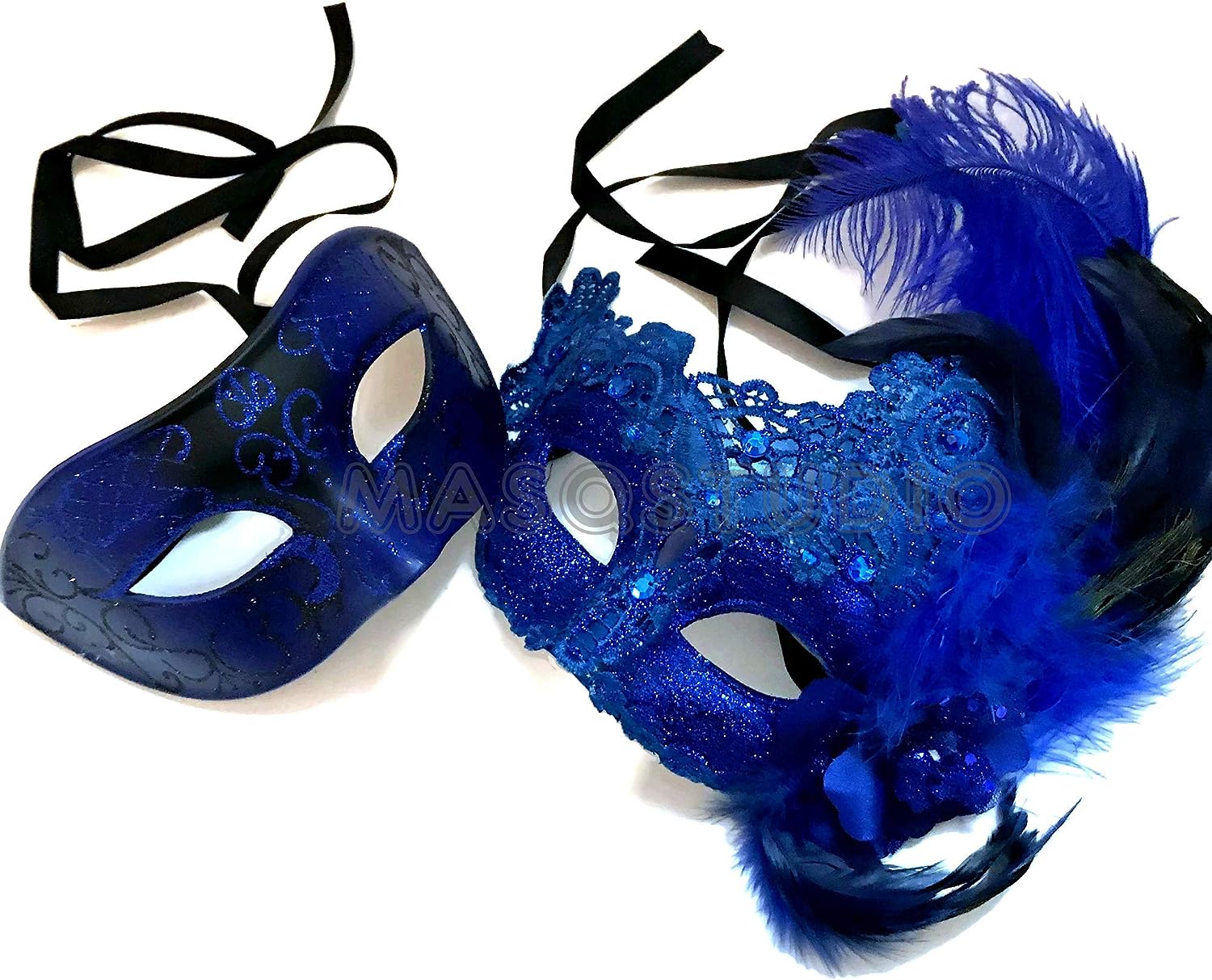 Couples Blue Masquerade Lace Mask Pair Feather Birthday Mardi Gras Carnival Party