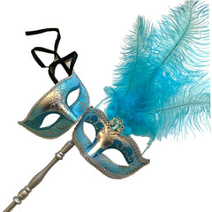 MASQ Couples Black Masquerade Stick Feather Mask Pair Cosplay Dance Prom Birthday Mardi Gras Party