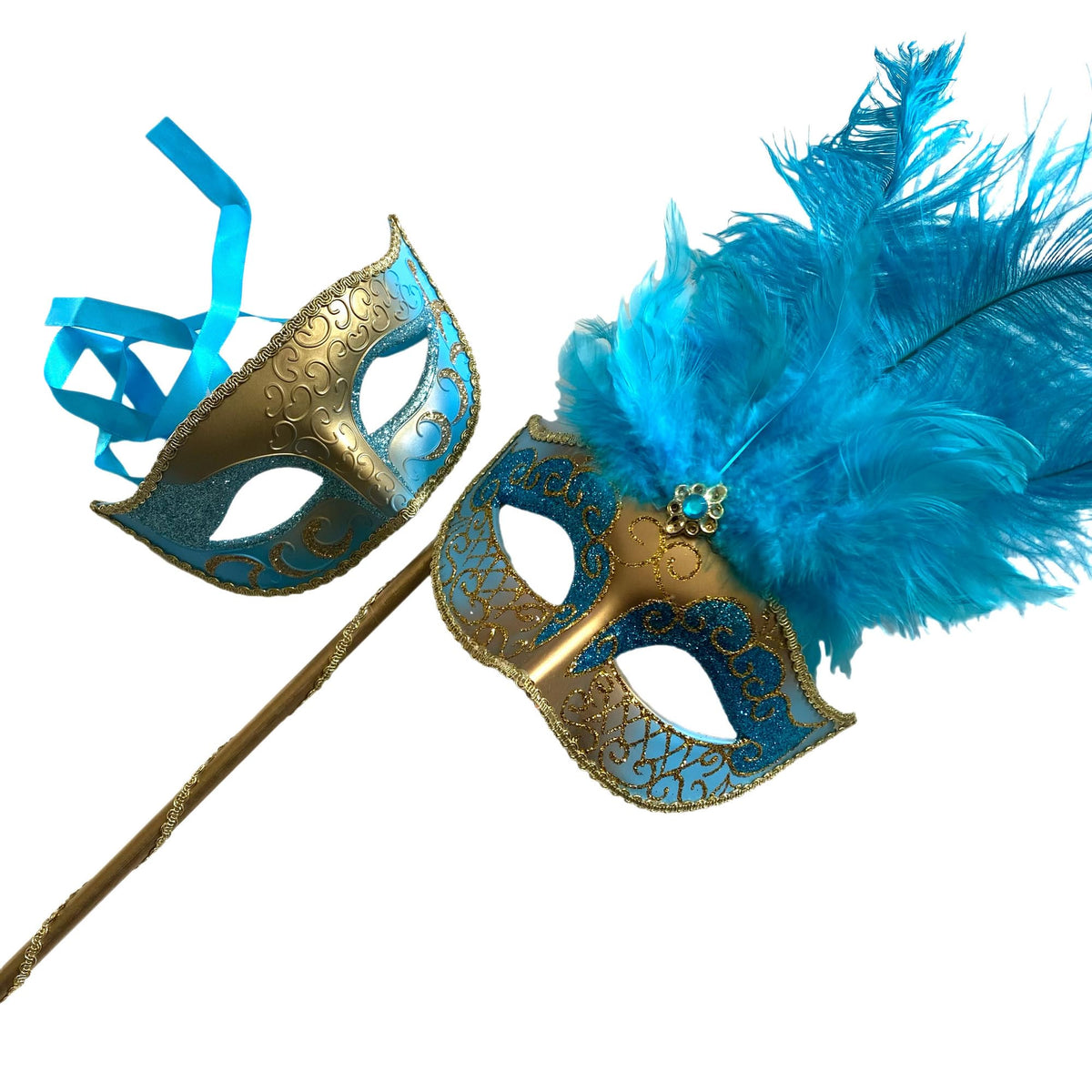 MASQ Couples Black Masquerade Stick Feather Mask Pair Cosplay Dance Prom Birthday Mardi Gras Party