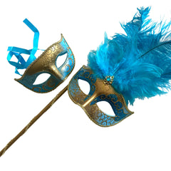 MASQ Couples Black Masquerade Stick Feather Mask Pair Cosplay Dance Prom Birthday Mardi Gras Party