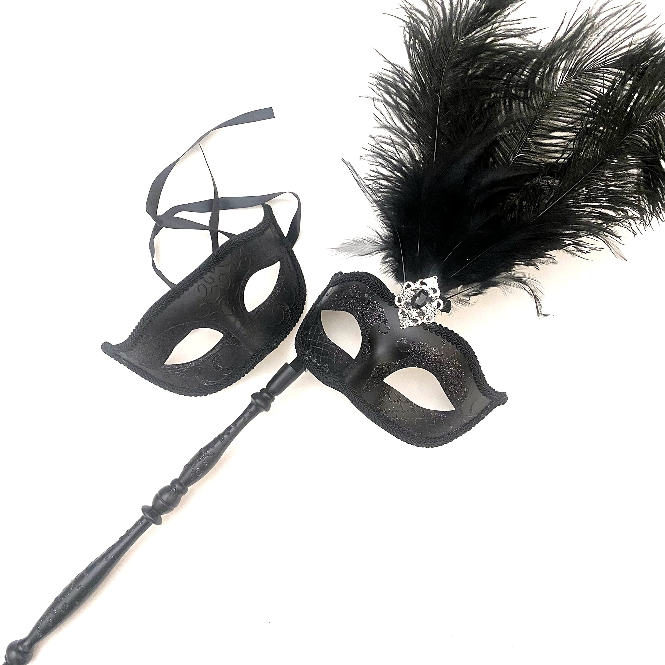 MASQ Couples Black Masquerade Stick Feather Mask Pair Cosplay Dance Prom Birthday Mardi Gras Party
