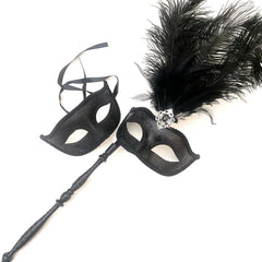 MASQ Couples Black Masquerade Stick Feather Mask Pair Cosplay Dance Prom Birthday Mardi Gras Party