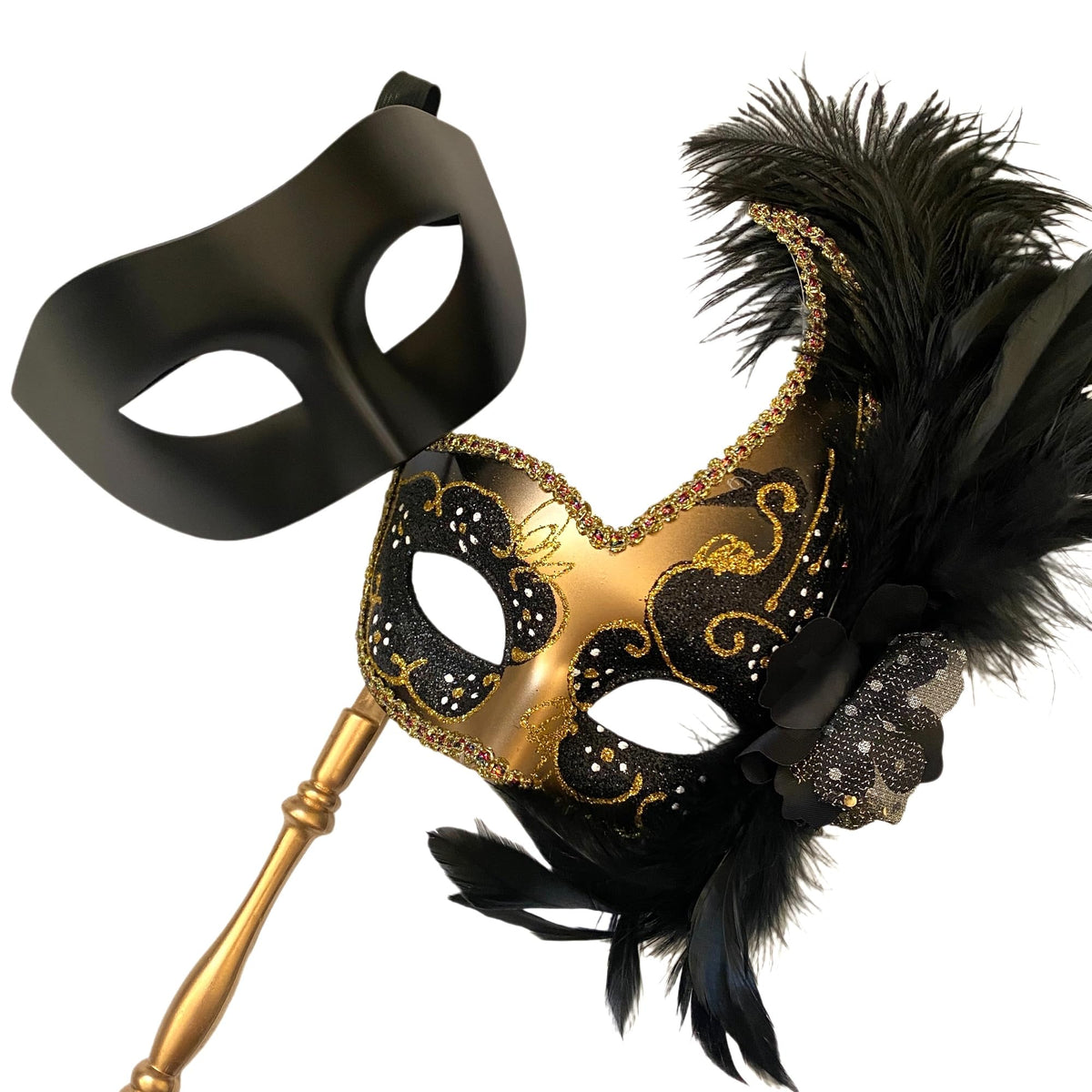 MASQ Masquerade ball stick mask Pair Detachable Handle Ostrich Feather Christmas New Year Mardi Gras Carnival Party
