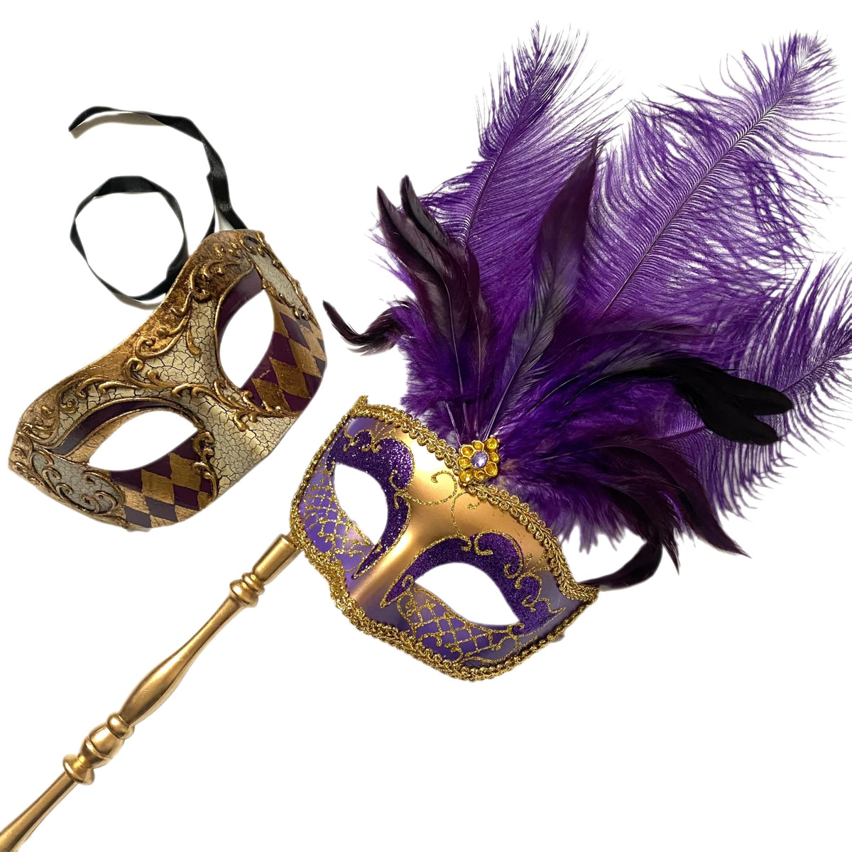 MASQ Couples Black Masquerade Stick Feather Mask Pair Cosplay Dance Prom Birthday Mardi Gras Party