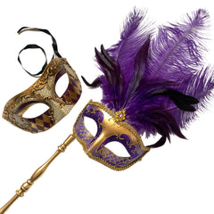 MASQ Couples Black Masquerade Stick Feather Mask Pair Cosplay Dance Prom Birthday Mardi Gras Party
