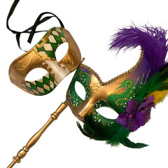 MASQ Masquerade ball stick mask Pair Detachable Handle Ostrich Feather Christmas New Year Mardi Gras Carnival Party