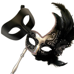 MASQ Masquerade ball stick mask Pair Detachable Handle Ostrich Feather Christmas New Year Mardi Gras Carnival Party