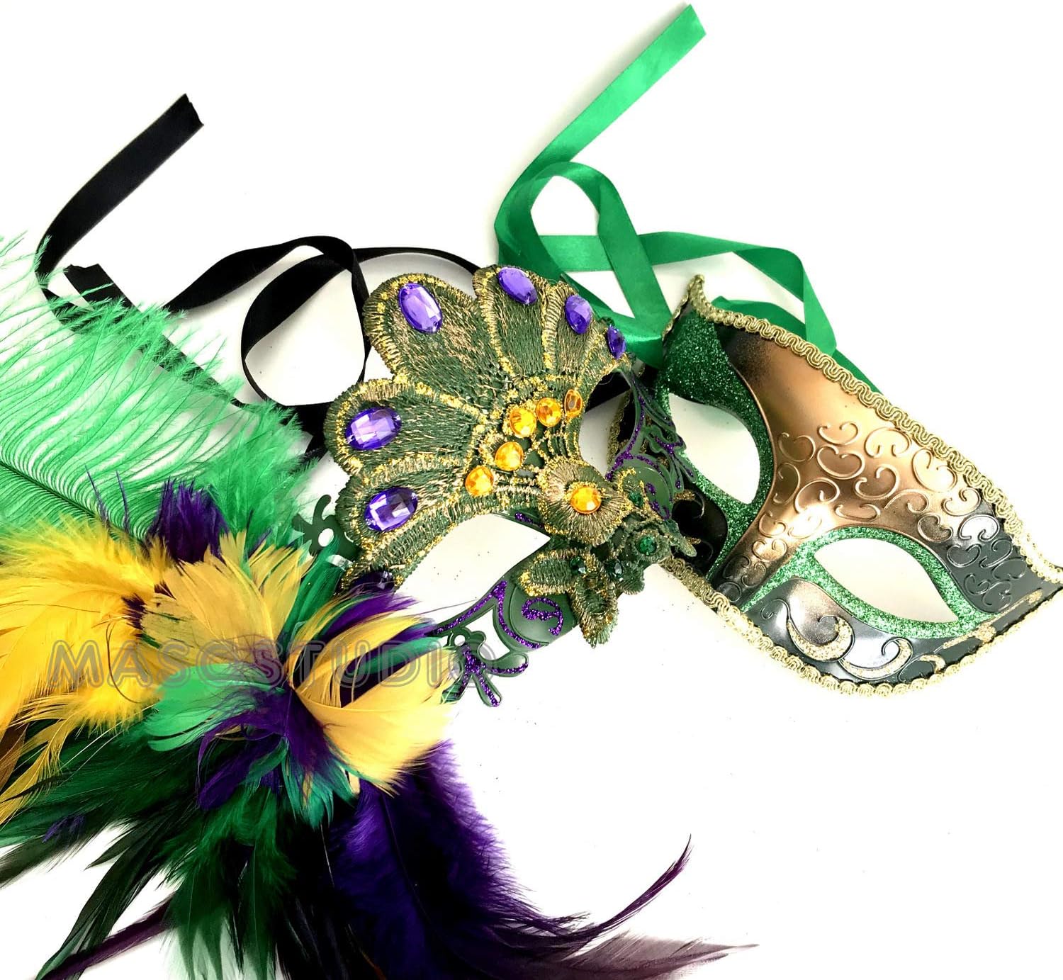 Mardi Gras Masquerade Lace Mask Pair Ostrich Peacock Feather Dress up Party Carnival Parade