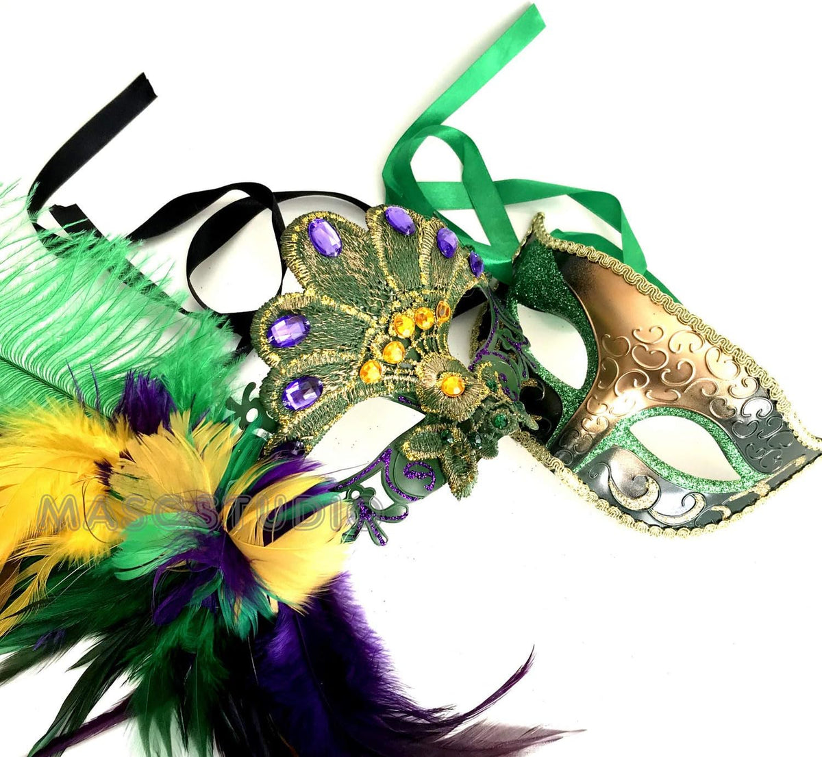 Mardi Gras Masquerade Lace Mask Pair Ostrich Peacock Feather Dress up Party Carnival Parade