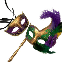 MASQ Masquerade ball stick mask Pair Detachable Handle Ostrich Feather Christmas New Year Mardi Gras Carnival Party