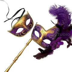 MASQ Masquerade ball stick mask Pair Detachable Handle Ostrich Feather Christmas New Year Mardi Gras Carnival Party
