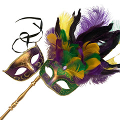 MASQ Couples Black Masquerade Stick Feather Mask Pair Cosplay Dance Prom Birthday Mardi Gras Party