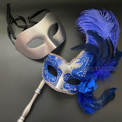 MASQ Masquerade ball stick mask Pair Detachable Handle Ostrich Feather Christmas New Year Mardi Gras Carnival Party