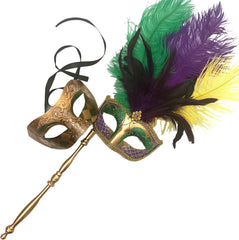 MASQ Couples Black Masquerade Stick Feather Mask Pair Cosplay Dance Prom Birthday Mardi Gras Party