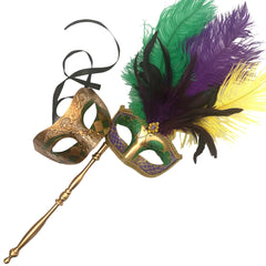 MASQ Couples Black Masquerade Stick Feather Mask Pair Cosplay Dance Prom Birthday Mardi Gras Party