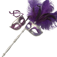 MASQ Couples Black Masquerade Stick Feather Mask Pair Cosplay Dance Prom Birthday Mardi Gras Party