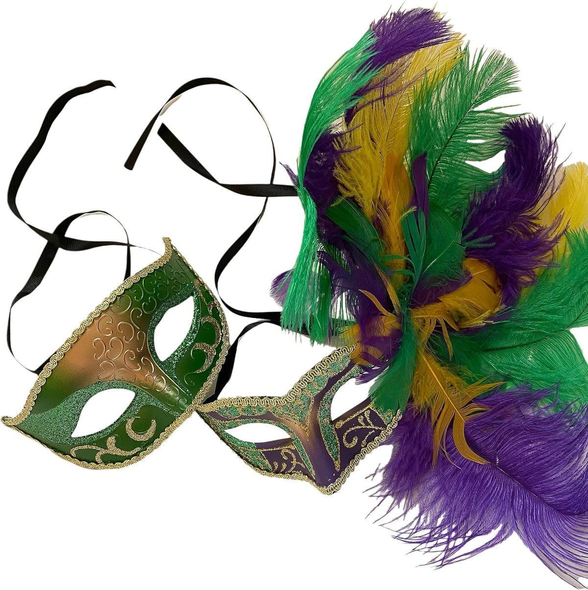 Green and gold Mardi Gras masquerade mask pair with multicolor feathers on white background