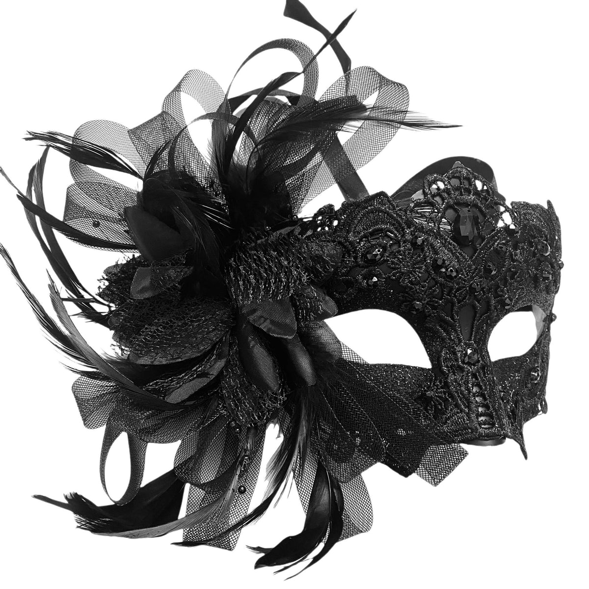 Masquerade mask image for style option Bk Lace W Feather from Masquerade Mask Studio