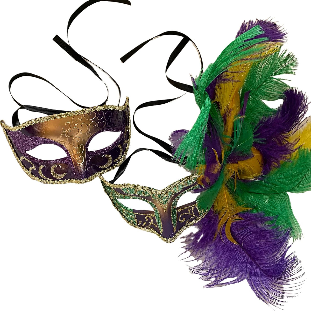 Purple and green Mardi Gras masquerade mask pair with multicolor feathers on white background