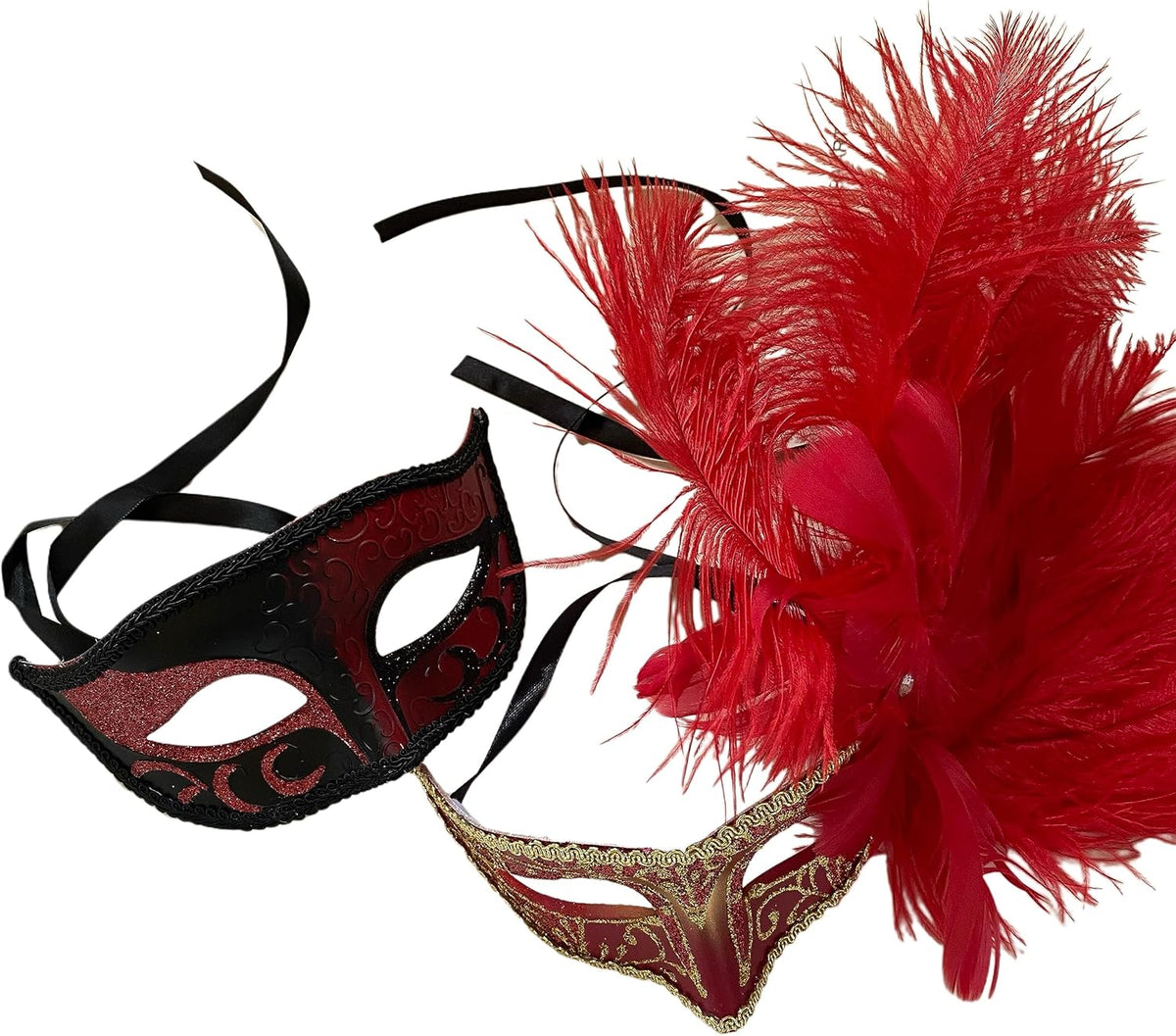 Red and black Mardi Gras masquerade mask pair with red feathers