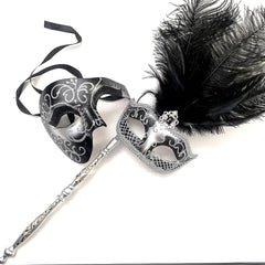 Black Masquerade Phantom Feather Stick Mask Feather Dress up Birthday Party Prom Wedding Dance Anniversary Wear