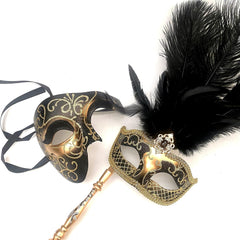 Black Masquerade Phantom Feather Stick Mask Feather Dress up Birthday Party Prom Wedding Dance Anniversary Wear
