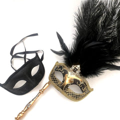 Couples Black Masquerade Stick Feather Mask Pair Cosplay Dance Prom Birthday Party