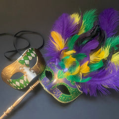 Mardi Gras Feather stick Mask Pair Costume Carnival dress up Parade Birthday Dance Prom Eye Wear
