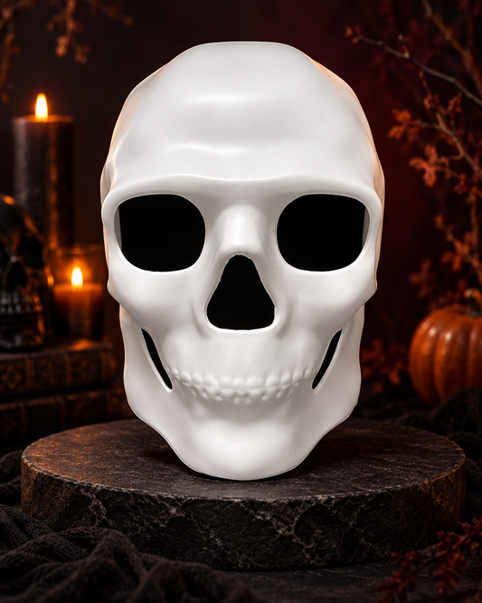 White skeleton skull mask displayed for Halloween and Day of the Dead costume ideas