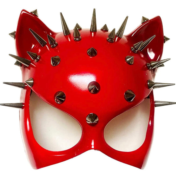 Red cat woman mask Halloween cosplay dress up costume kitty cat role play mask with spikes