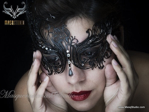 Filigree laser cut metal black swan Masquerade Mask