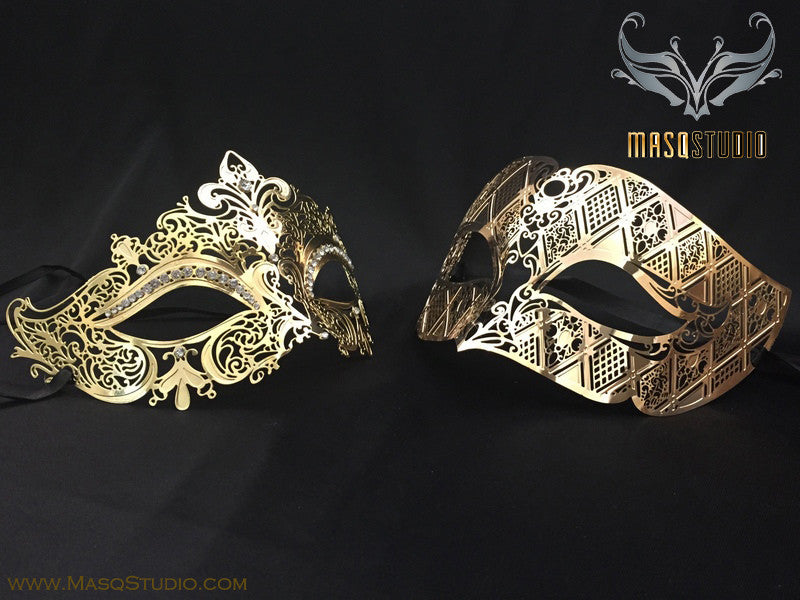 Luxury Venetian Couple Stacy Gold Masquerade Mask Set